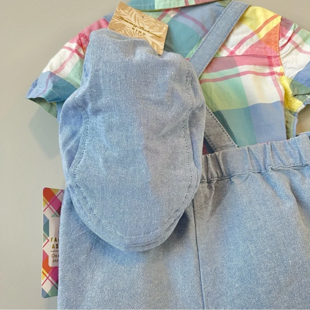 Tommy Bahama Kids 3 Piece Set Size 3-6M Plaid Shirt Romper Chambray Overalls Hat
